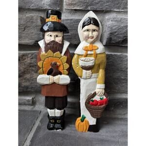 Vintage Hand Painted Wood Carved Harvest Pilgrims Man Woman Cottagecore Prairie